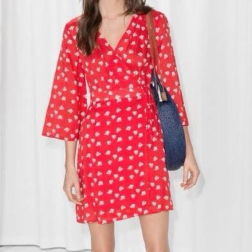 & Other Stories Cherry Print Wrap Dress Mini Lyocell Red Bell Size US 8 NEW